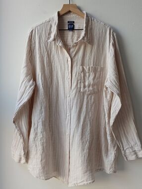 Gap 100% Linen Boyfriend Shirt White Tan Stripe Women's XXL